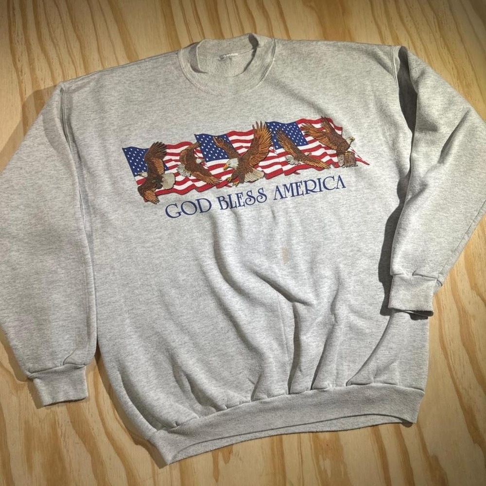 Jerzees God Bless America Eagle Flag Graphic Sweatshirt Heather Gray XL 1457